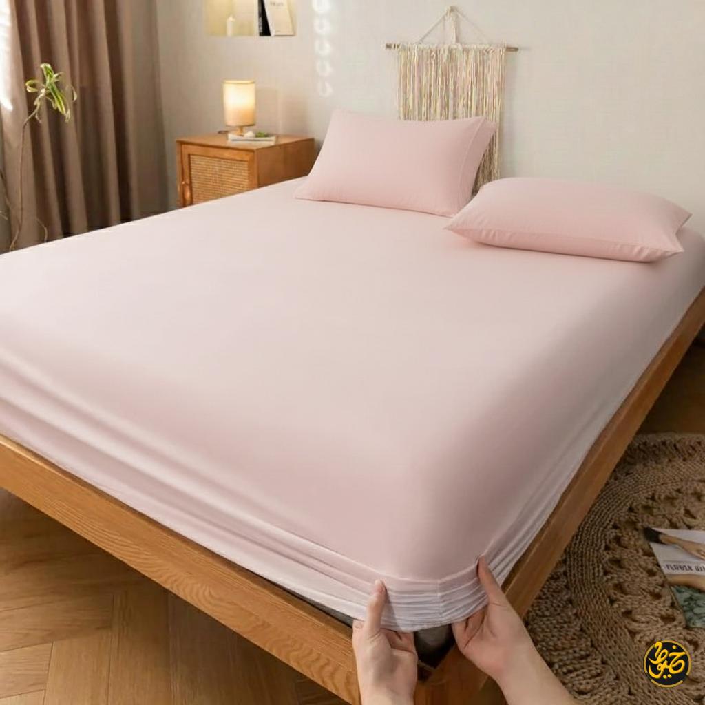 طقم ملاية استيك سادة قطن - 3 قطع (1 ملايه - 1 مخدة - 1 خدادية)