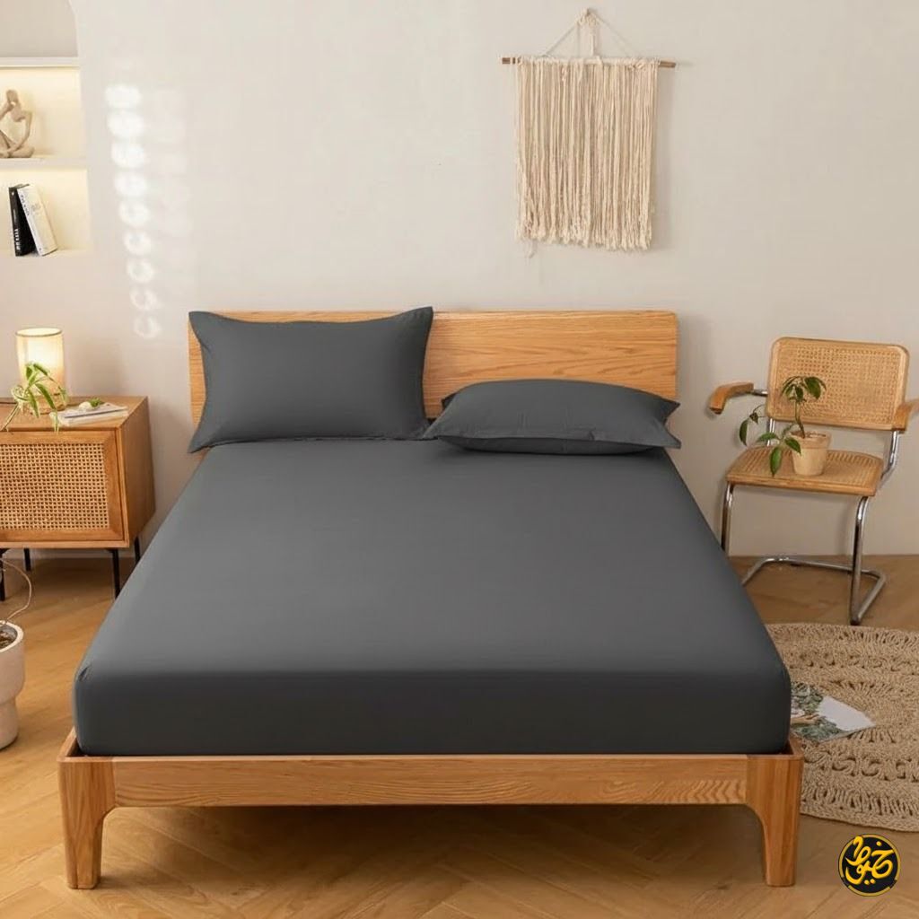 طقم ملاية استيك سادة قطن - 4 قطع (1 ملايه - 1 مخدة -  2 خدادية)