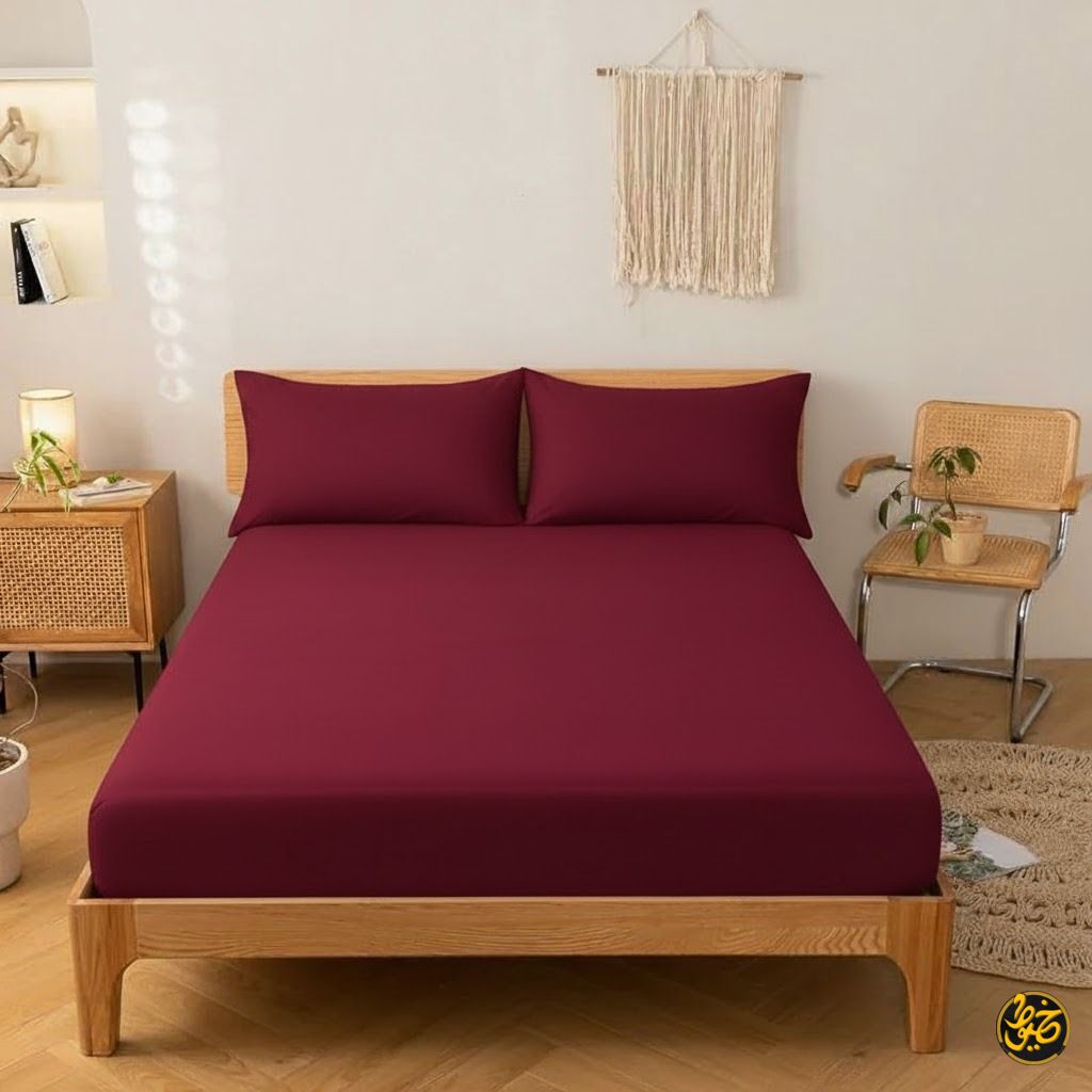 طقم ملاية استيك سادة قطن - 3 قطع (1 ملايه - 1 مخدة - 1 خدادية)