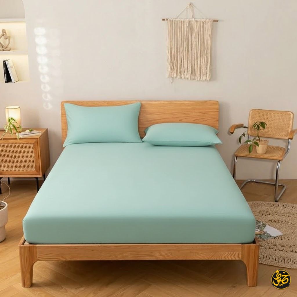 طقم ملاية استيك سادة قطن - 4 قطع (1 ملايه - 1 مخدة -  2 خدادية)