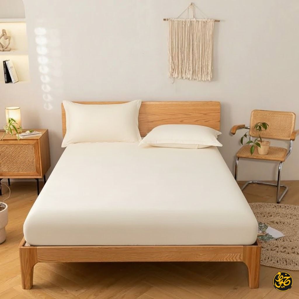 طقم ملاية استيك سادة قطن - 4 قطع (1 ملايه - 1 مخدة -  2 خدادية)