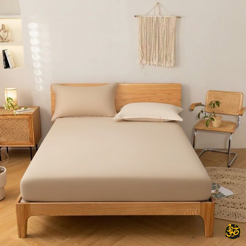 طقم ملاية استيك سادة قطن - 4 قطع (1 ملايه - 1 مخدة -  2 خدادية)