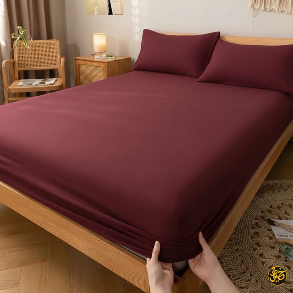 طقم ملاية استيك سادة قطن - 4 قطع (1 ملايه - 1 مخدة -  2 خدادية)