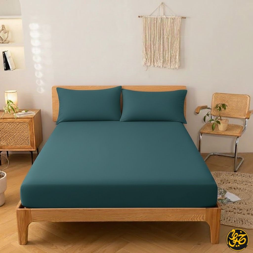 طقم ملاية استيك سادة قطن - 4 قطع (1 ملايه - 1 مخدة -  2 خدادية)