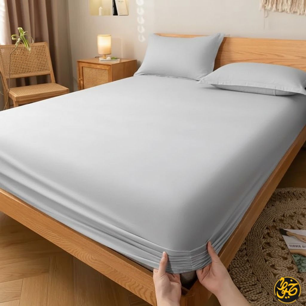 طقم ملاية استيك سادة قطن - 4 قطع (1 ملايه - 1 مخدة -  2 خدادية)