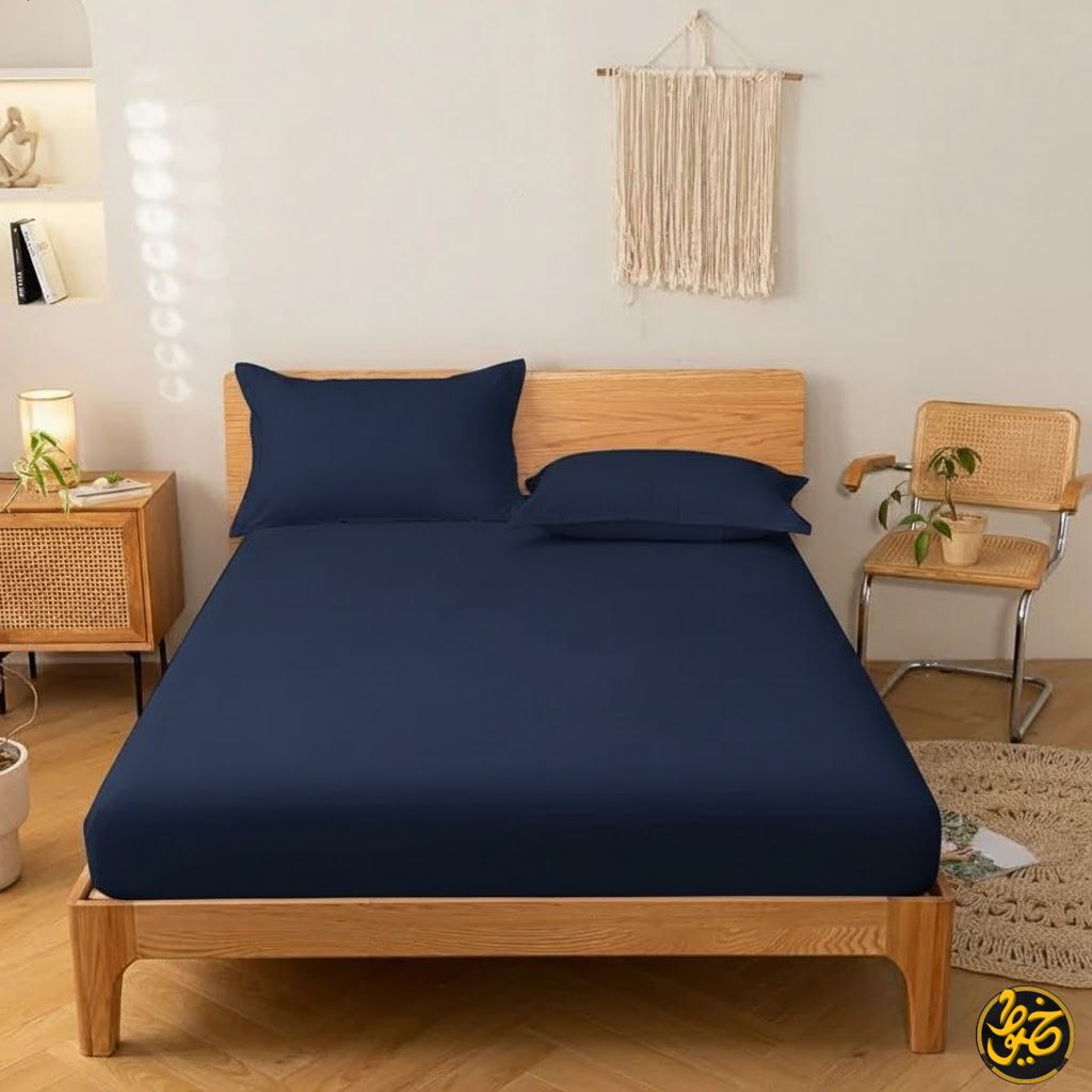 طقم ملاية استيك سادة قطن - 4 قطع (1 ملايه - 1 مخدة -  2 خدادية)