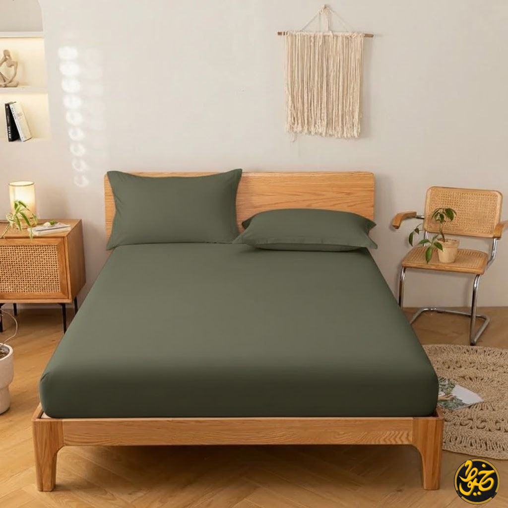 طقم ملاية استيك سادة قطن - 4 قطع (1 ملايه - 1 مخدة -  2 خدادية)