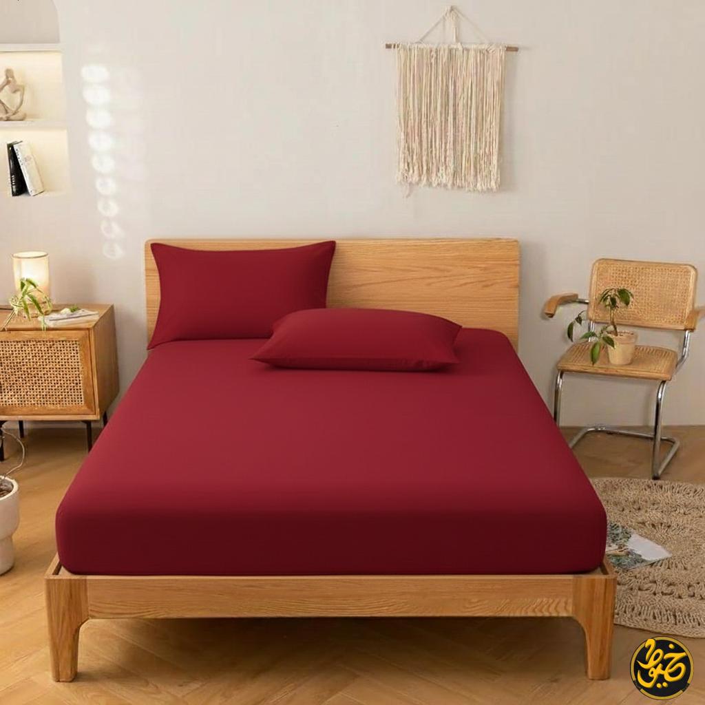 طقم ملاية استيك سادة قطن - 4 قطع (1 ملايه - 1 مخدة -  2 خدادية)