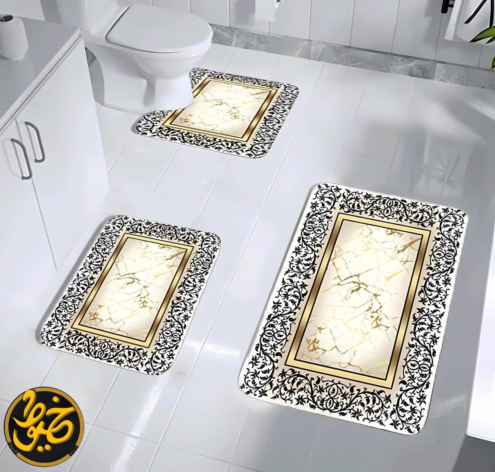 طقم دواسات حمام قطيفة فاخر – 3 قطع (قص ليزر ومقاوم للانزلاق)